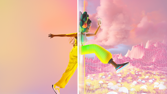 Woman jumping from reality into the metaverse with half her body animated