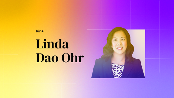 Design that reads "Kin+ Linda Dao Ohr", with a headshot of Linda