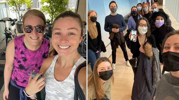 A collage of two photos of Jackie with Kin + Carta employees around NYC