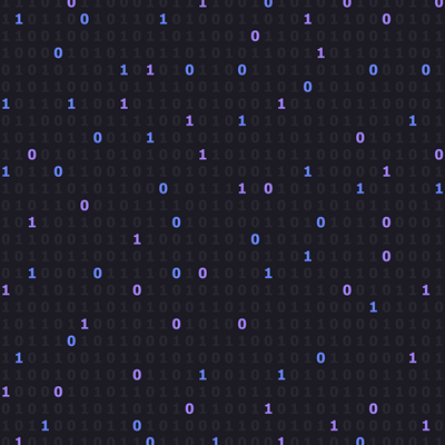 Black background with binary code over the top in purple, blue and white