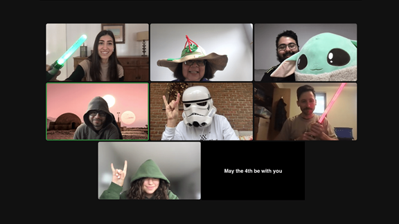 Debra and her team in a "May the Fourth" theme call