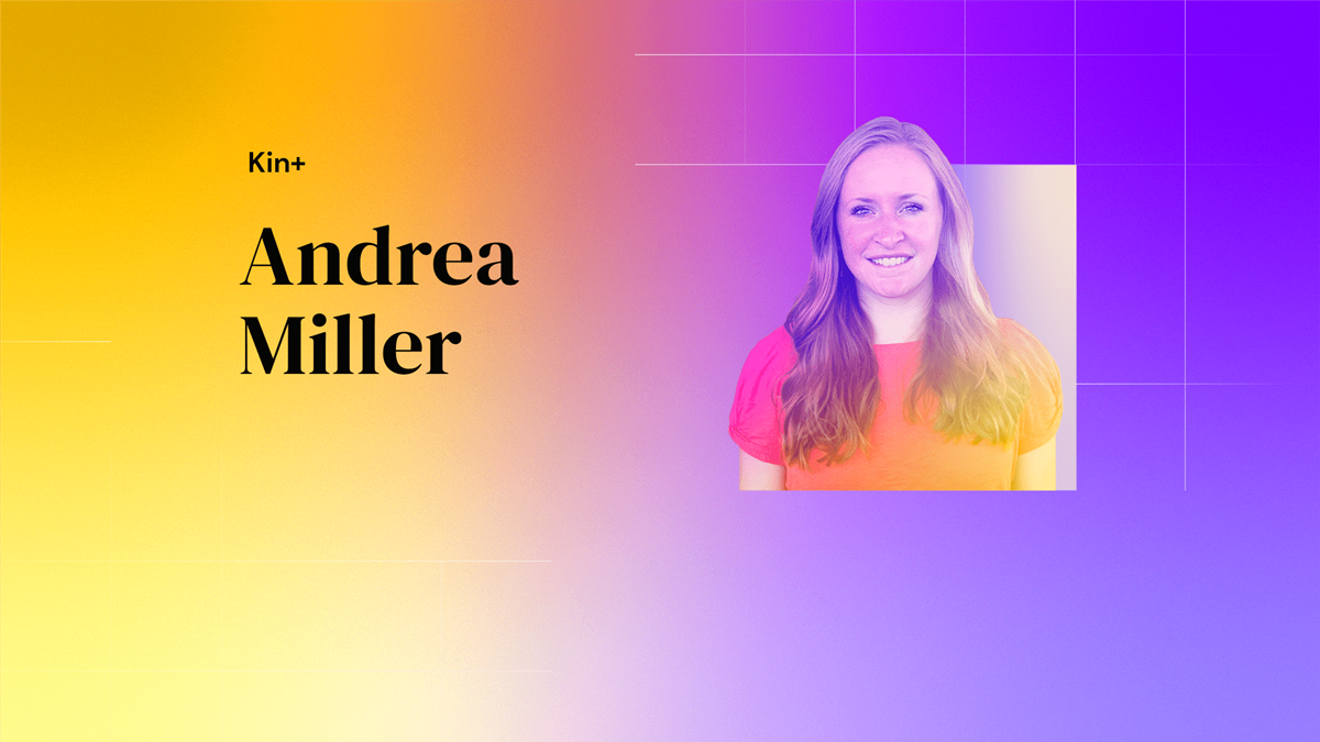 Headshot of Andrea with a design that reads "Kin+ Andrea Miller"