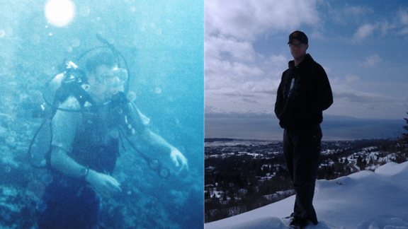 A collage of Cory diving and standing on the snow in Alaska