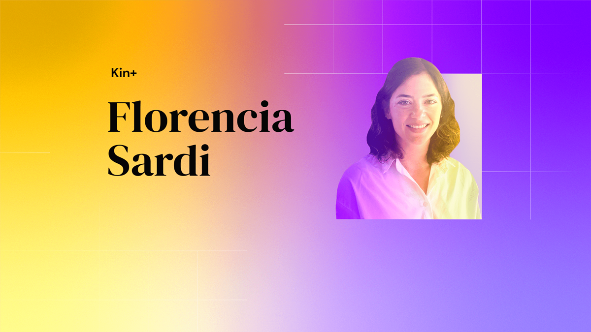 A headshot of Florencia with a design that reads: Kin+ Florencia Sardi