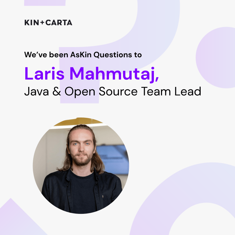Design with a headshot of Laris that reads: We've been AsKin Questions to Laris Mahmutaj, Java & Open Source Team Lead