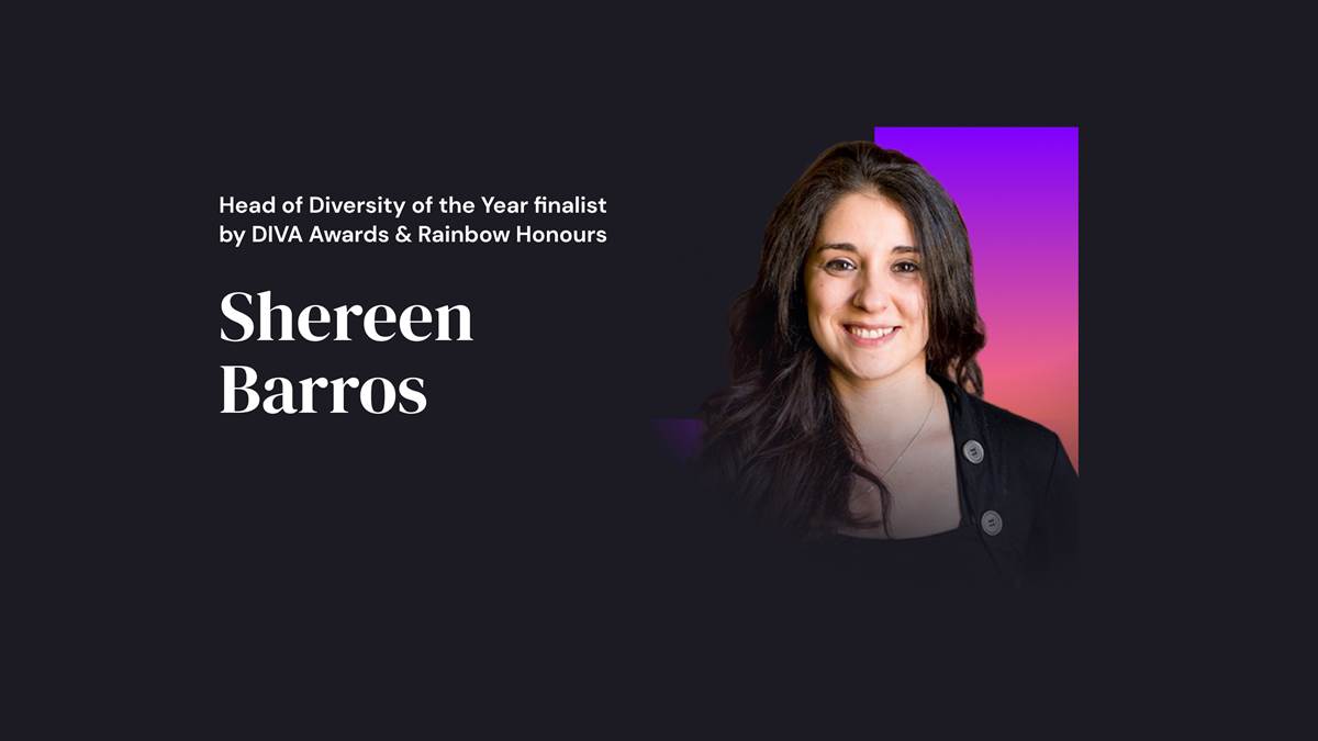 Headshot of Shereen with a design that reads: Head of Diversity of the Year finalist by DIVA Awards & Rainbow Honours - Shereen Barros
