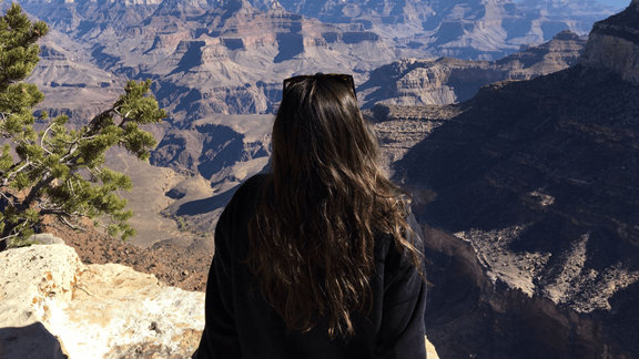 Nergis staring at a mountain