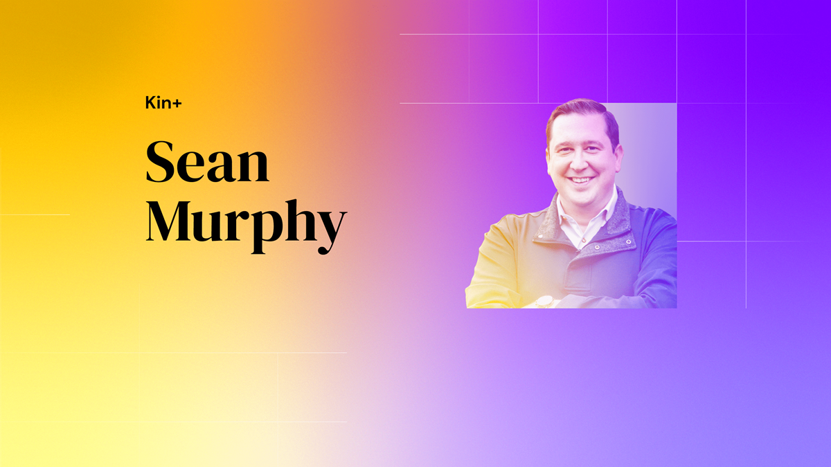 Designed headshot of Sean with text that reads: Kin+ Sean Murphy