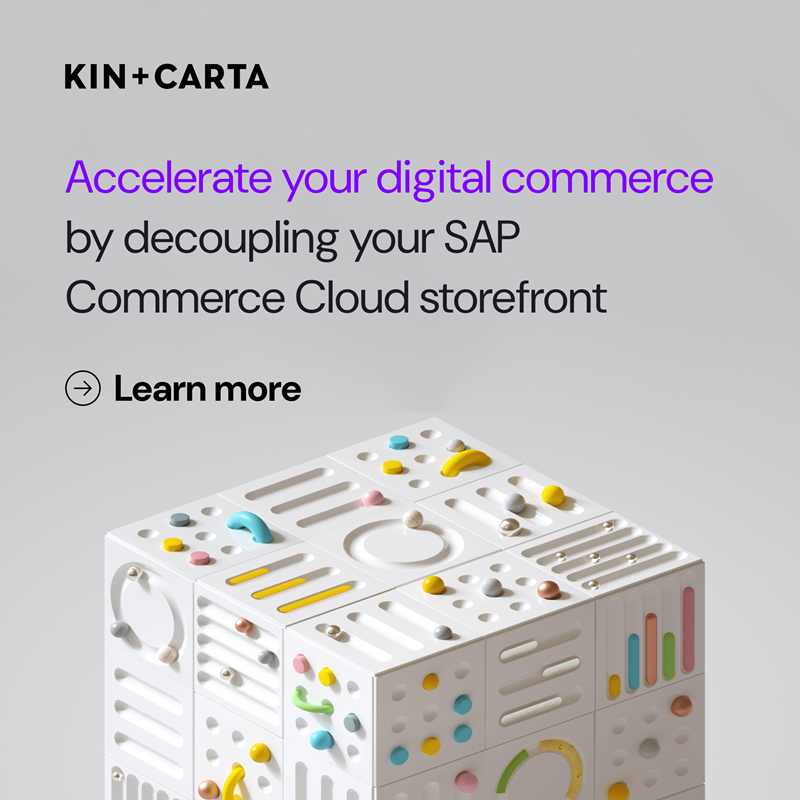 Cube with lots of metrics and graphs on it, text reads "Accelerate your digital commerce by decoupling your SAP Commerce Cloud storefront. Learn more"