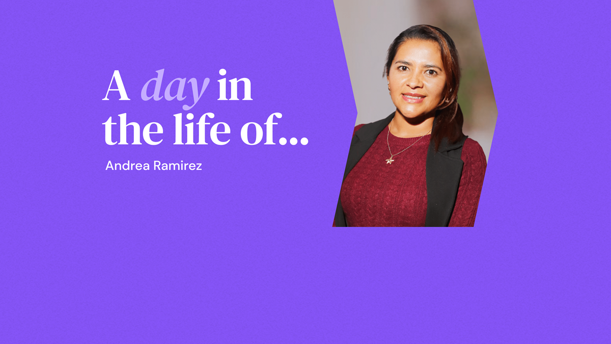 A headshot of Andrea with a design that reads: A day in the life of... Andrea Ramirez