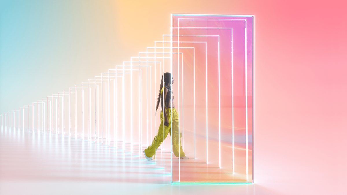 Woman walking through metaverse