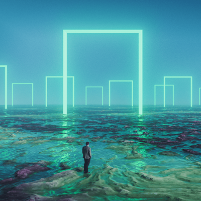 man standing at edge of water with glowing frames on the horizon