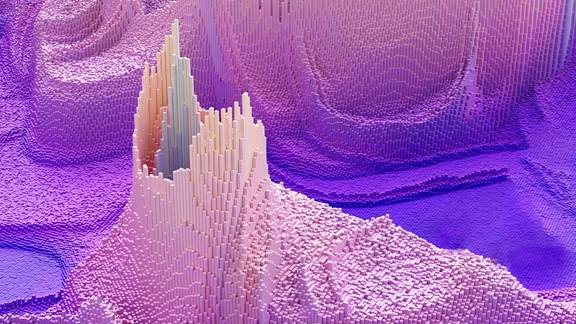 Digital 3D landscape formed of columns of data in the shape of mountains