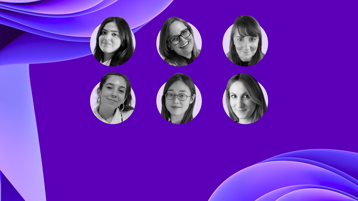 Designed image with a purple background and six headshots of the panelists as an overlay