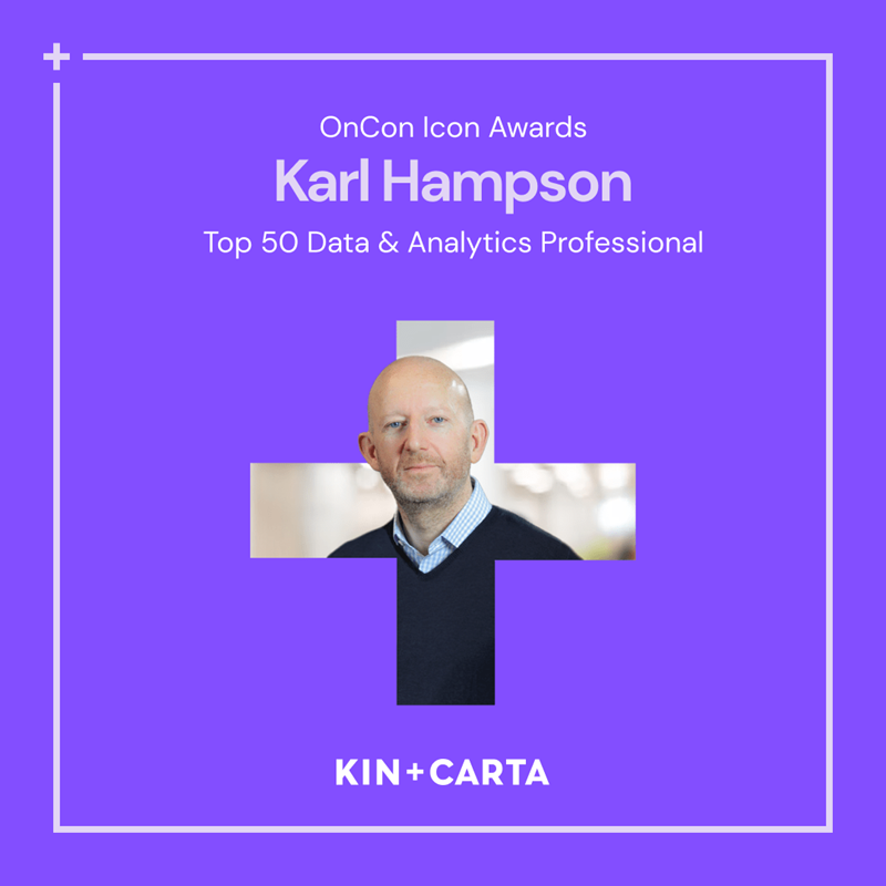Headshot of Karl with design around it which reads: Top 50 Data & Analytics Professional by OnCon Icon Awards - Karl Hampson 
