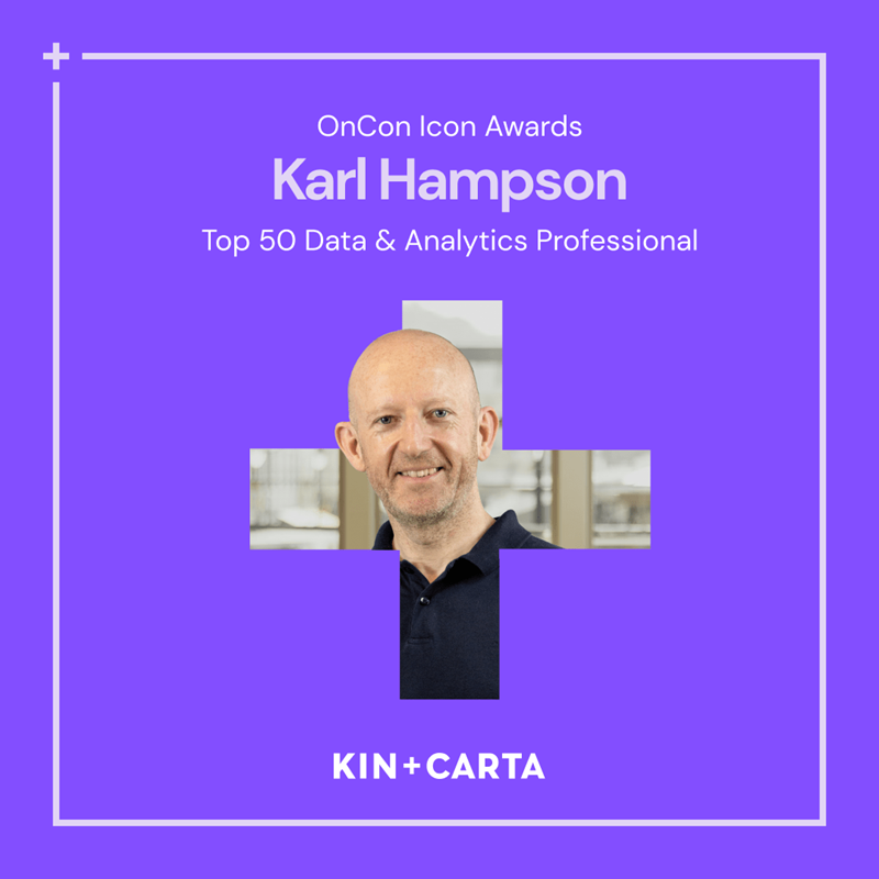 Headshot of Karl with design around it which reads: OnCon Icon Awards Karl Hampson Top 50 Data & Analytics Professional