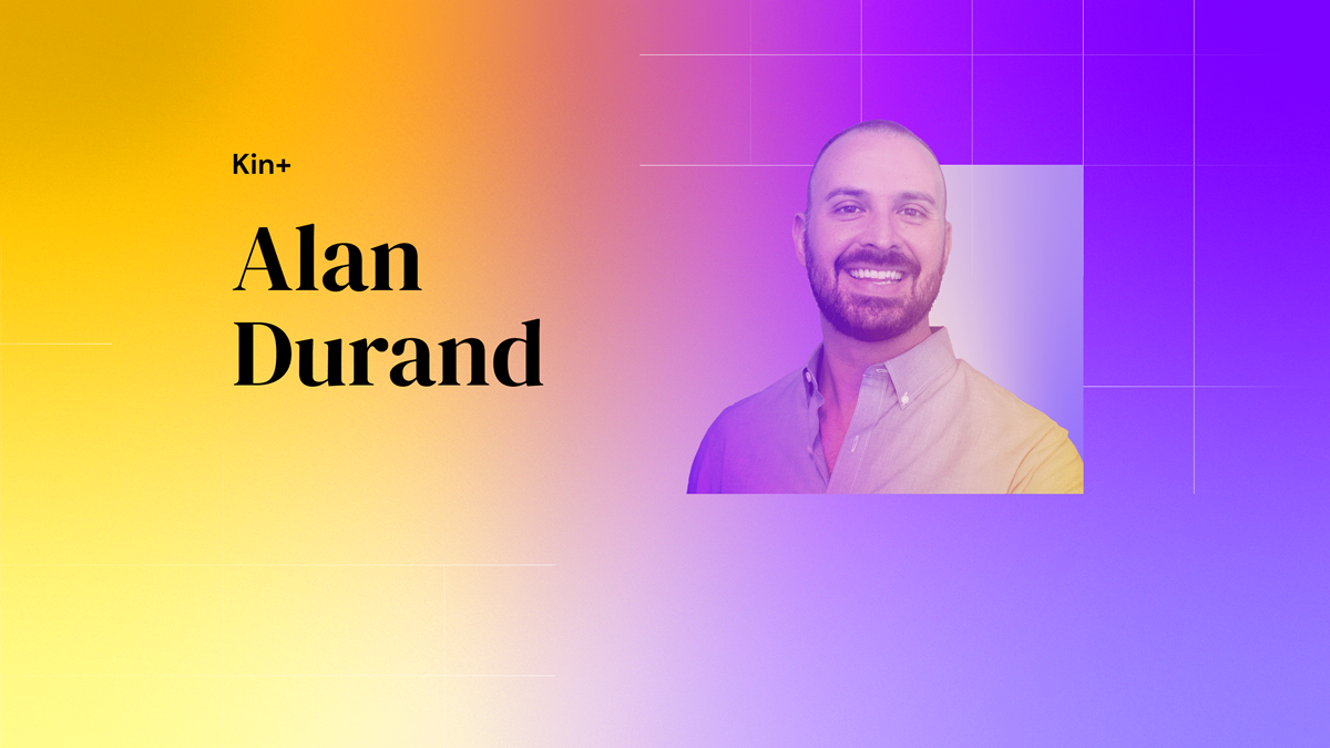 Designed headshot of Alan with text that reads: Kin+ Alan Durand