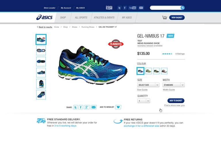 Running shoes product selection in Asics' ecommerce website