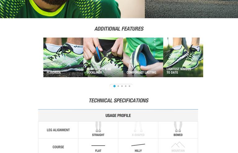 Additional product features and technical specifications in Asics' ecommerce website