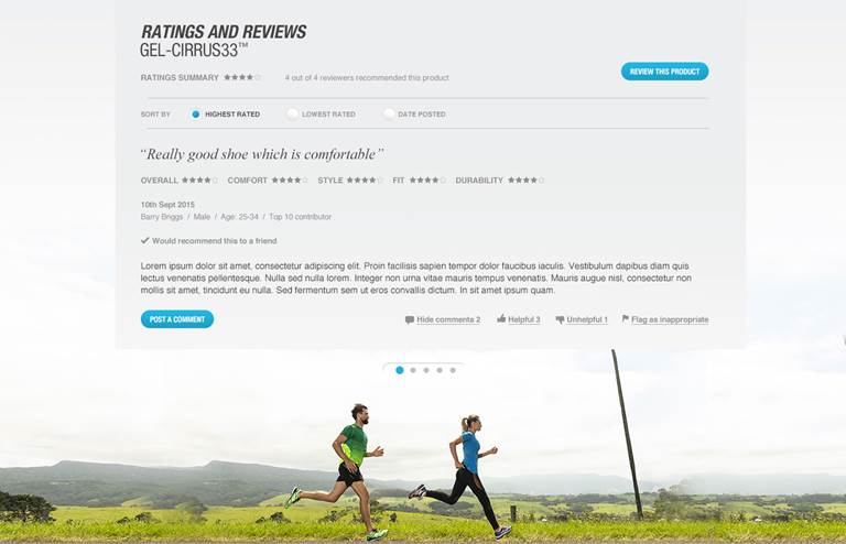 Product ratings and user reviews in Asics' ecommerce website