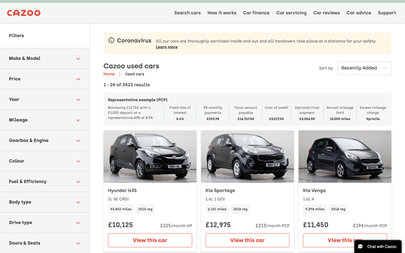 screenshot of the webpage to browse available cars