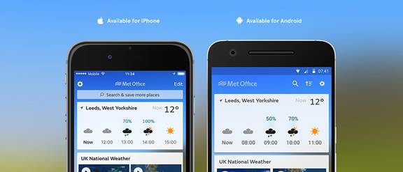 Screenshot of Met Office app on iphone and android