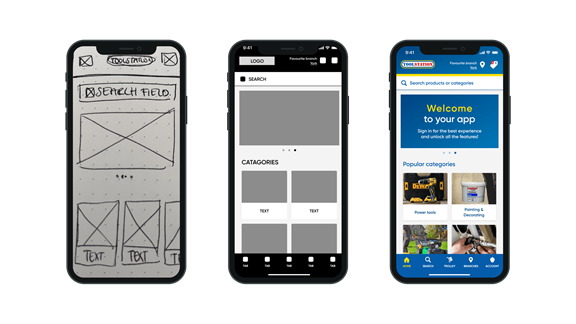 Screenshots showing progress of Toolstation app from wireframe state to working application.