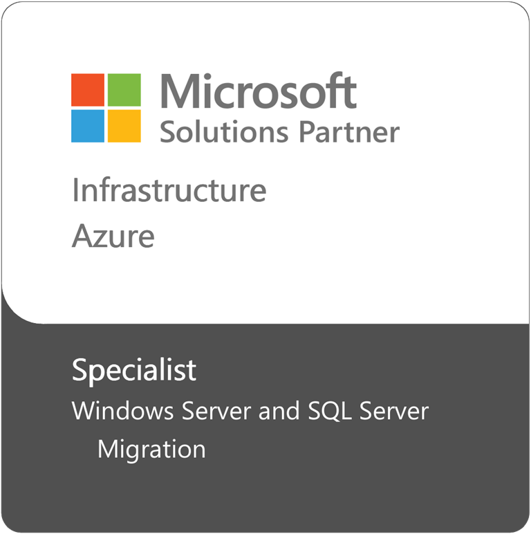 Microsoft Solution Partner badge. Infrastructure designation, specialized in Windows server and SQL server migration