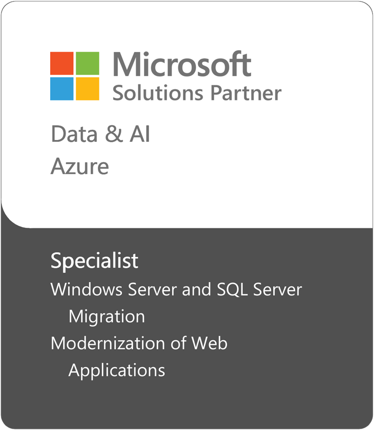 Microsoft Solution Partner badge. Data and AI designation, specialized in Windows server and SQL server migration and Modernization of web applications