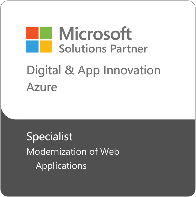 Microsoft Solution Partner badge. Digital and App Innovation designation, specialized in Modernization of web applications