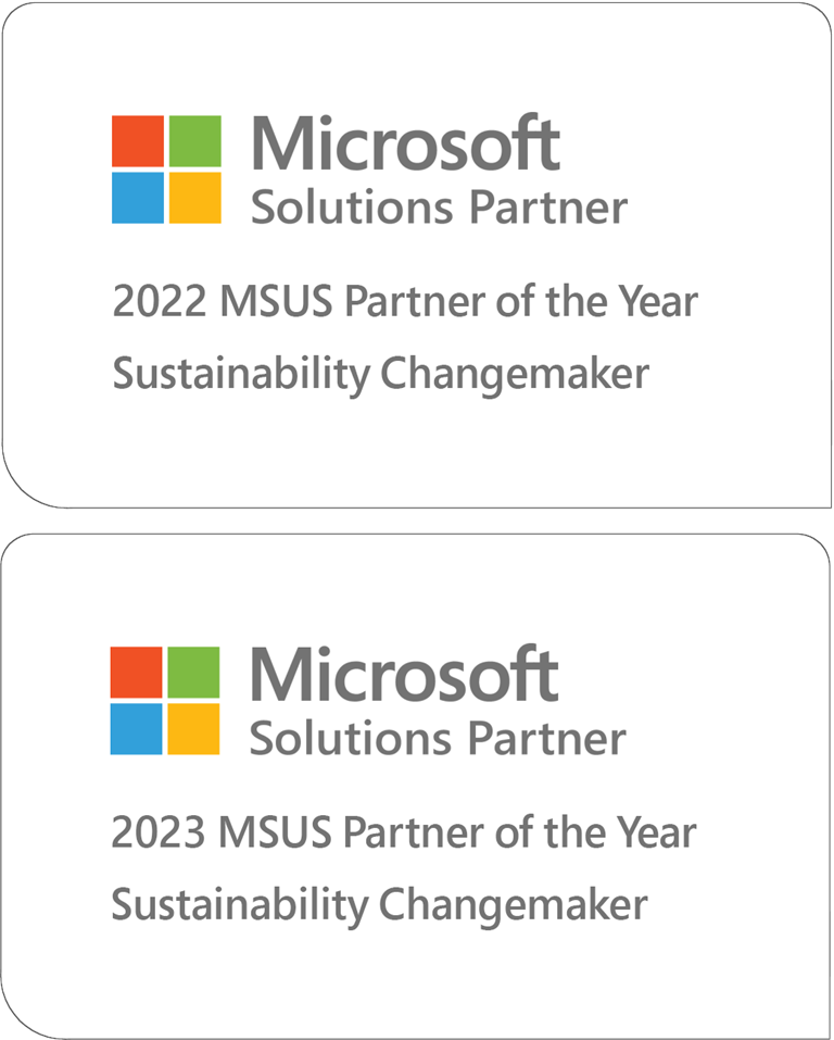 Microsoft Solutions Partner badge. 2022 and 2023 Partner of the Year, Sustainability Changemaker