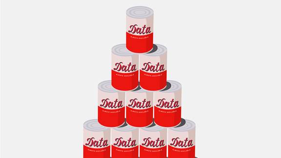 Stacked cans with labels reading "data"