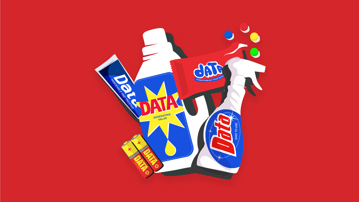 Graphic of household products with word "data" written on them on red background
