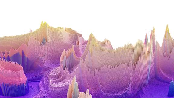 Digital 3D landscape formed of columns of data in the shape of mountains